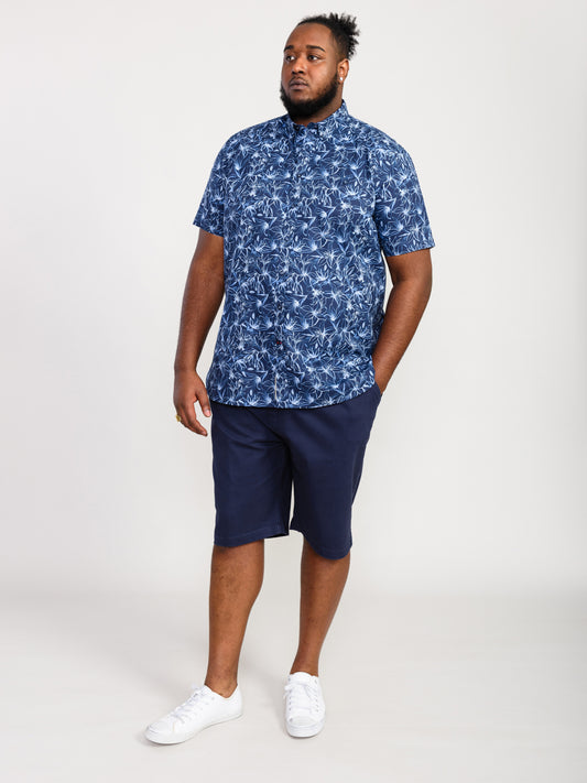 PADBURY -D555 Navy Blue Floral Ed Short Sleeve Shirt with Button Down Collar