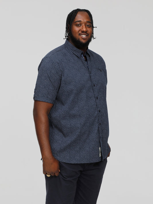 BRODY -D555 Navy Blue Print Short Sleeve Shirt with Hidden Button Down Collar