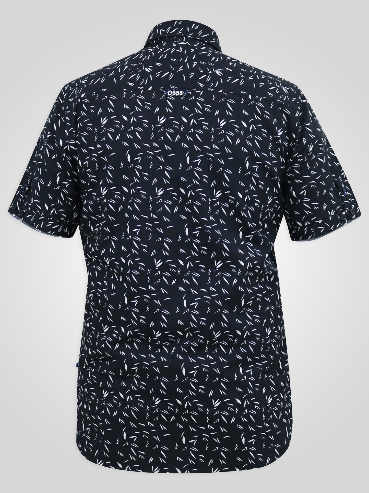 BEAU -D555 Navy Blue Leaf Print Short Sleeve Hidden Button Down Collar Shirt