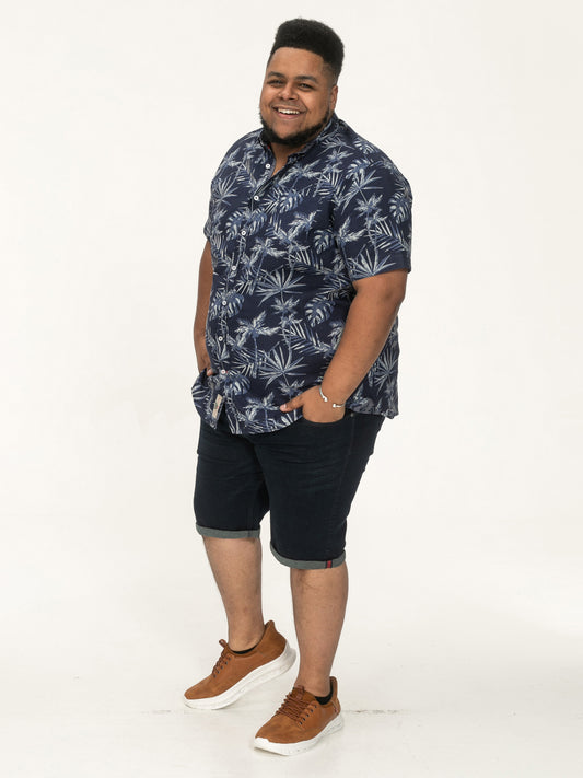 TRURO -D555 Navy Blue Hawaiian Print Short Sleeve Button Down Collar Shirt