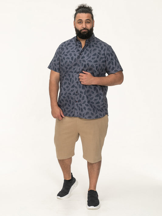 KETTERING -D555 Denim Blue Hawaiian Print Short Sleeve Button Down Collar Shirt