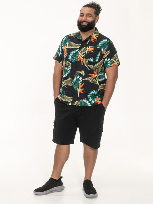 SELBY -D555 Black Hawaiian All Over Print Short Sleeve Revere Collar Shirt