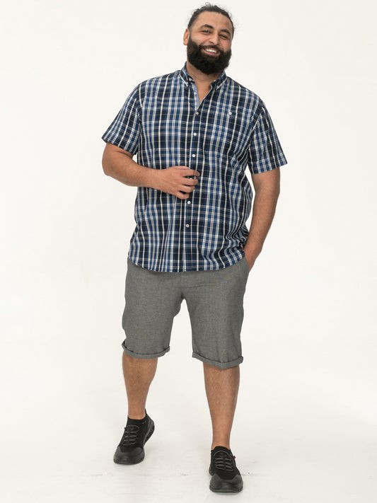 WALSALL -D555 Navy Blue Check Short Sleeve Button Down Collar Shirt with Pocket