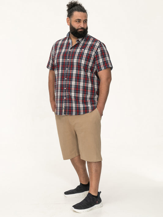 SHIELDS -D555 Red Check Short Sleeve Shirt with Button Down Collar and Pocket