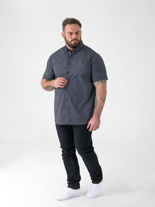 MELROSE -D555 Navy Blue Icon Print Short Sleeve Button Down Collar Shirt