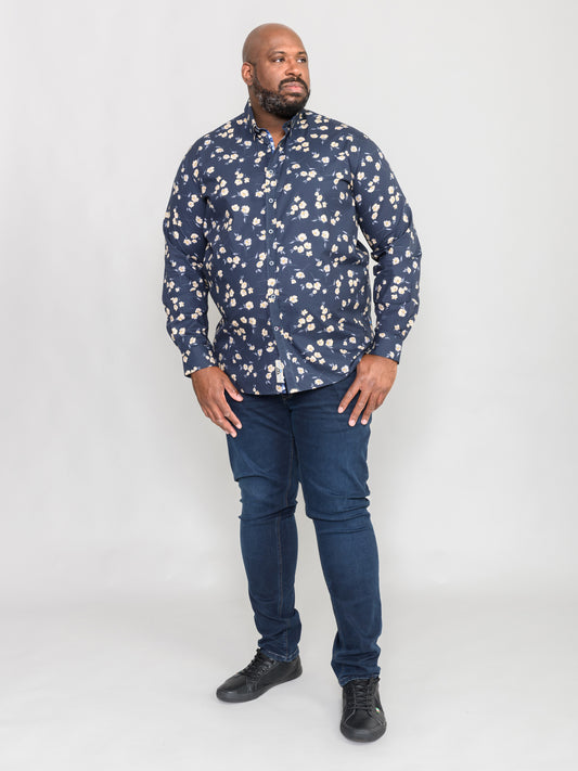 ROOKSEY -D555 Navy Blue Long Sleeve Floral Print Concealed Button Down Shirt