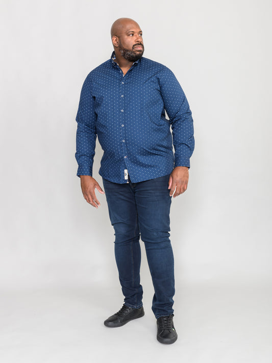 CHILTON -D555 Navy Blue Long Sleeve Print Concealed Button Down Collar Shirt