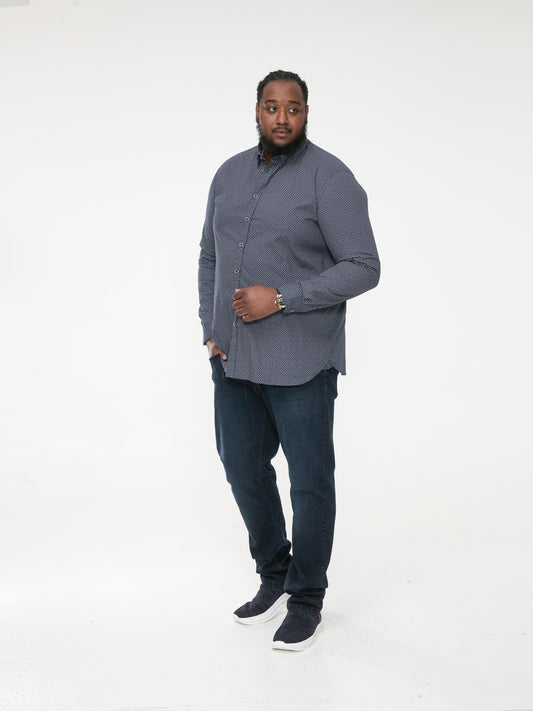 MORGAN -D555 Navy Blue Long Sleeve Concealed Button Down Collar Print Shirt
