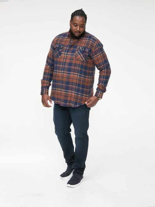 SHERLOCK -D555 Navy Tan Check Long Sleeve Check Overshirt
