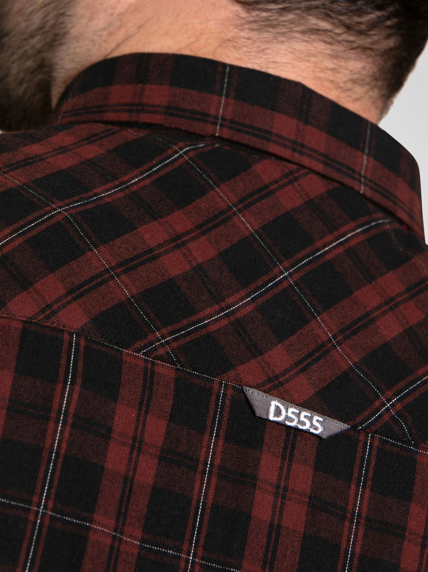 HORSHAM -D555 Burgundy Black Check Long Sleeve Shirt with Chest Patch Pocket