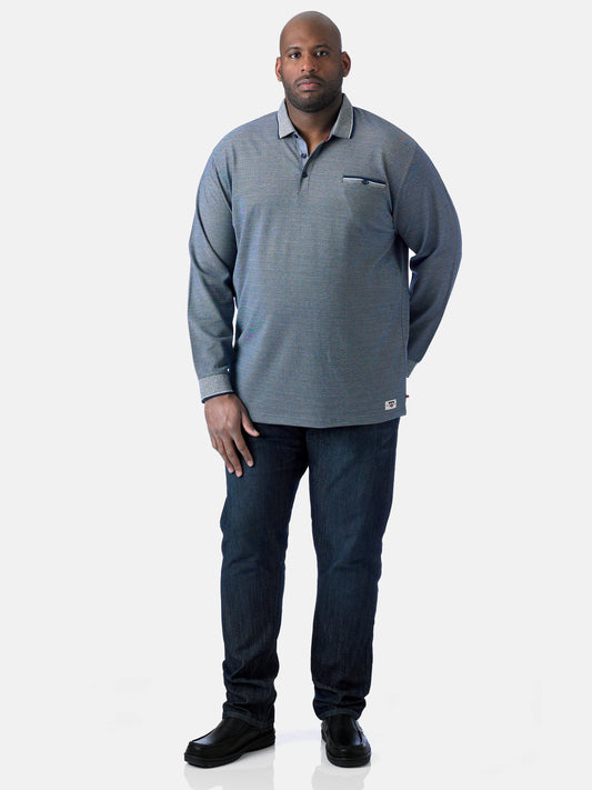 HOWARD -D555 Blue Marl Long Sleeve Polo Shirt with Jacquard Collar and Cuff