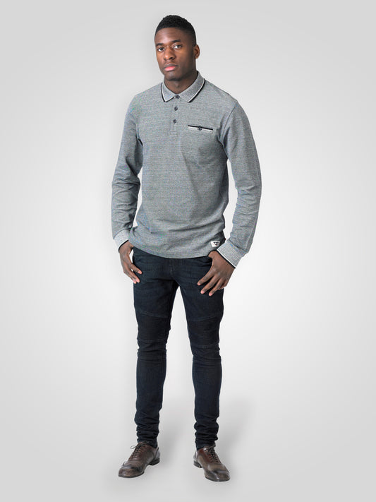 HOWARD -D555 Grey Marl Long Sleeve Polo Shirt with Jacquard Collar and Cuff