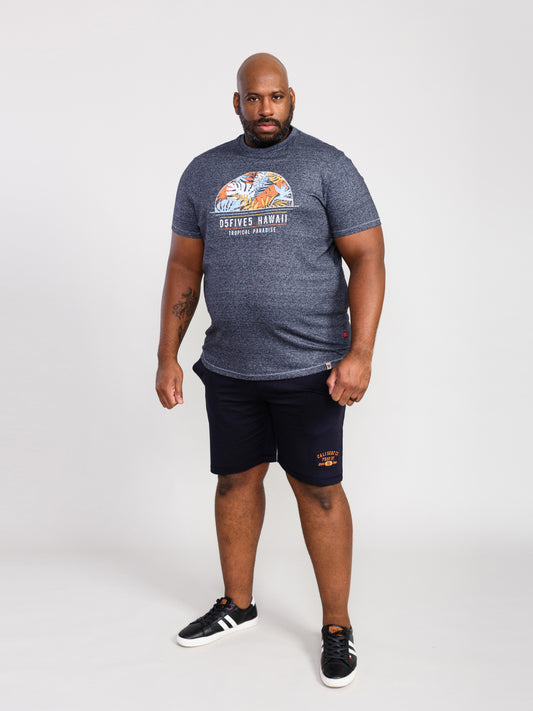 UPTON -D555 Navy Blue Twist Hawaii Leaf Printed T-Shirt