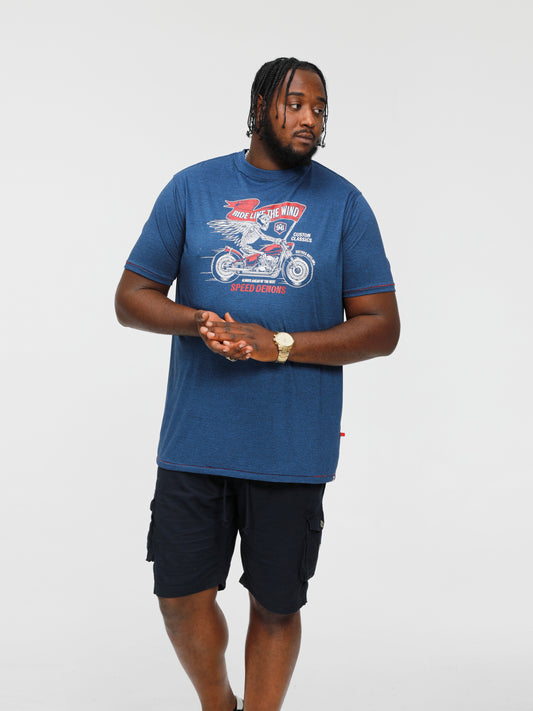 BRADFORD -D555 Navy Blue Twist Skeleton Biker Printed Crew Neck T-Shirt
