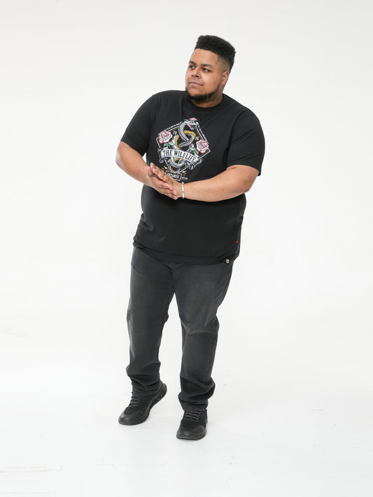 MALCOM -D555 Black Snake and Roses Printed Crew Neck T-Shirt