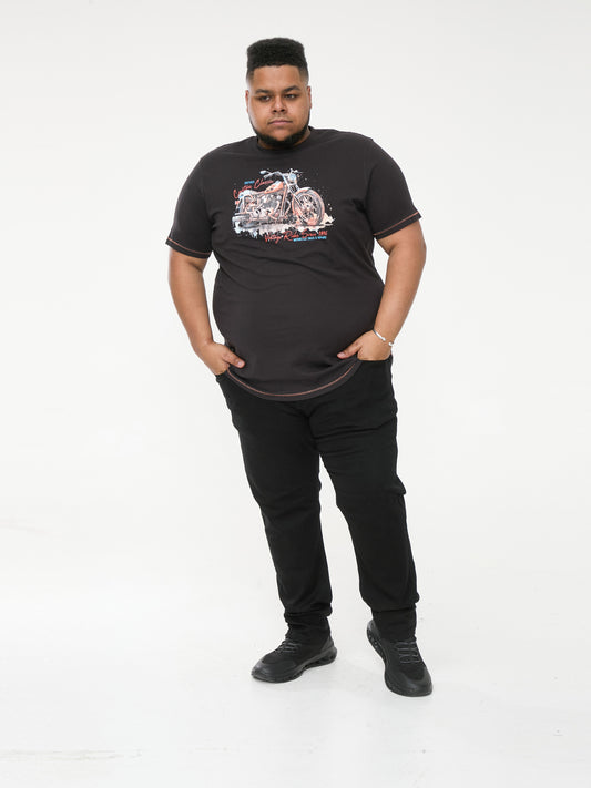LORNE -D555 Washed Black Motor Bike Splatter Printed Crew Neck T-Shirt
