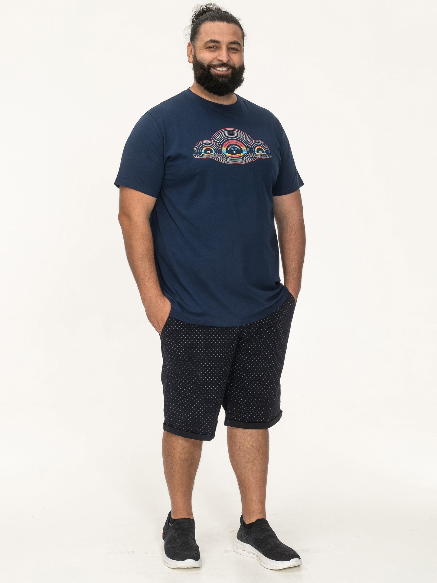 CHELTENHAM -D555 French Navy Blue Record with Reflection Print Crew Neck T-Shirt