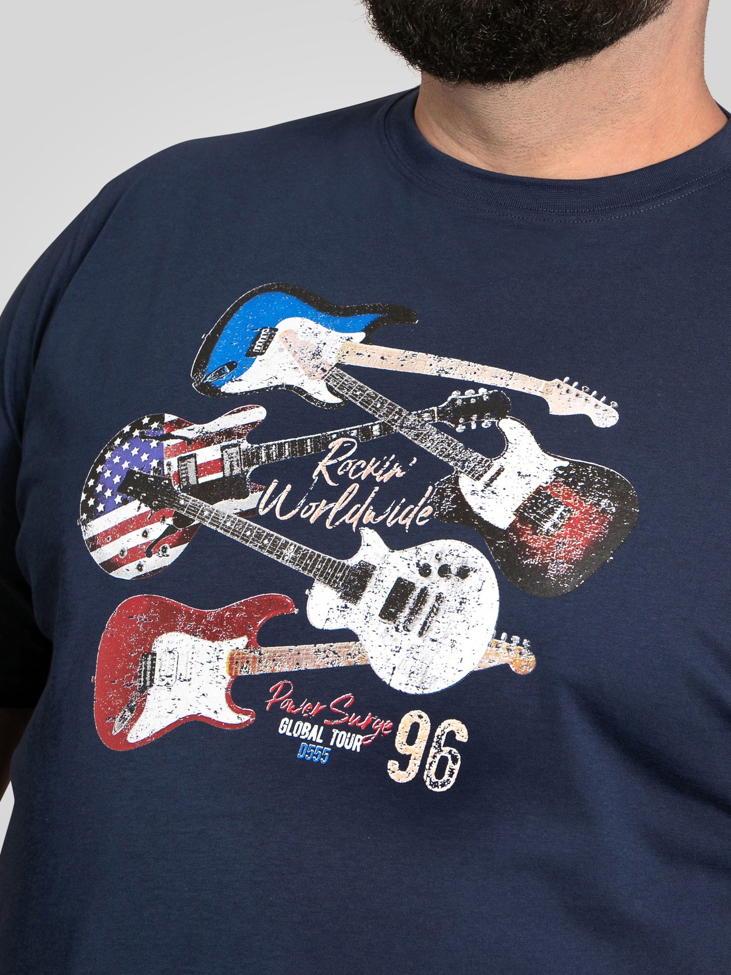 LIVERPOOL -D555 Navy Blue Rockin' World Tour Guitar Printed Crew Neck T-Shirt