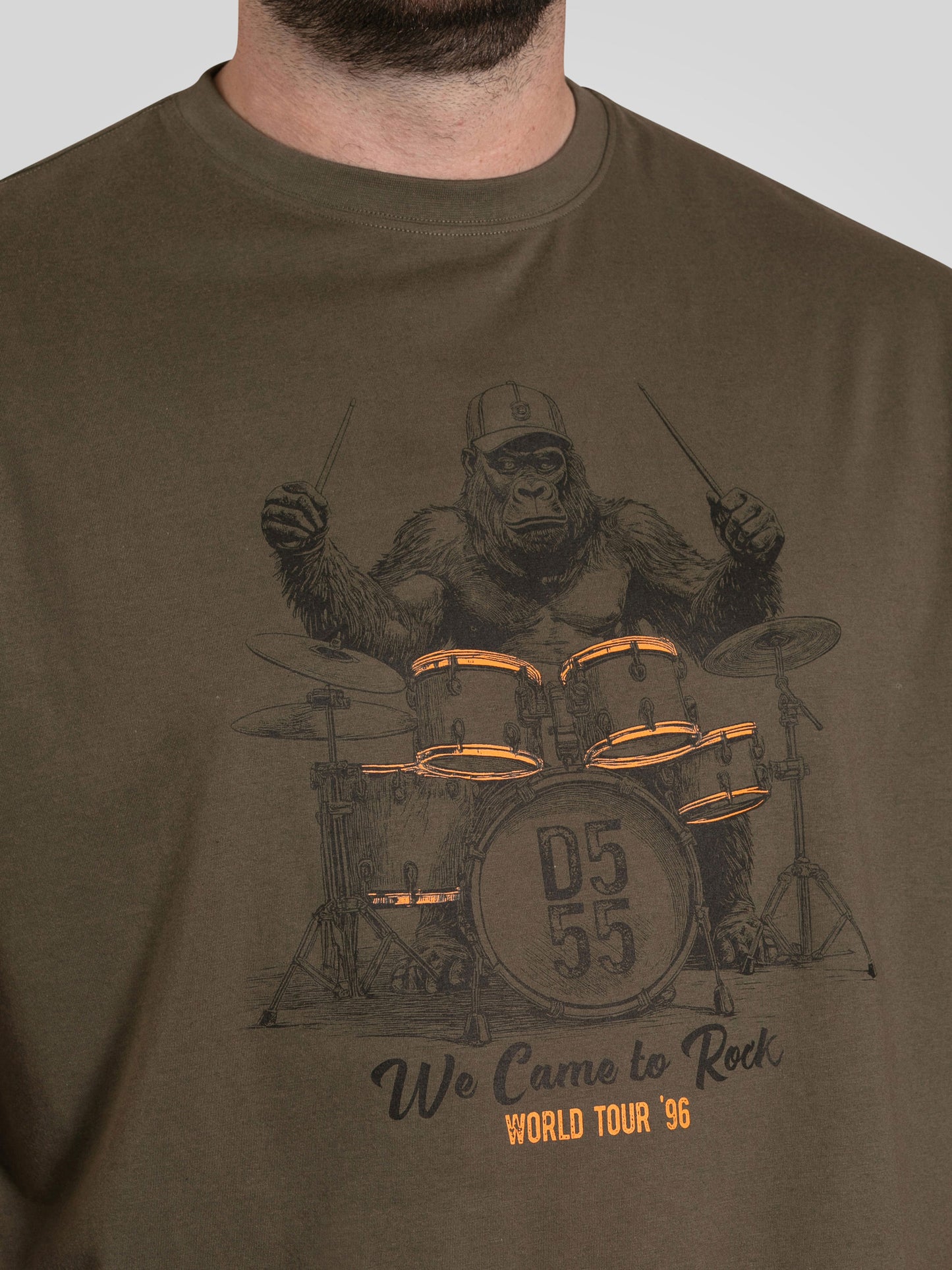 STOCKTON -D555 Khaki Green Gorilla Playing Drums Printed Crew Neck T-Shirt