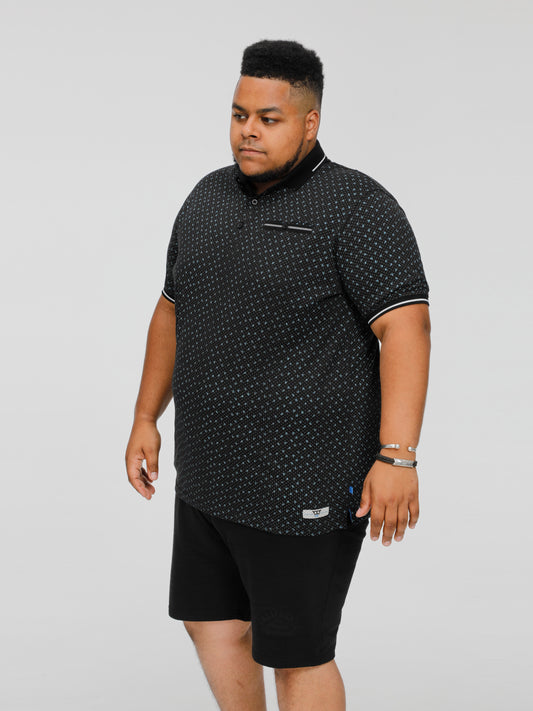 WILSON -D555 Black All Over Print Polo Shirt with Jacquard Collar