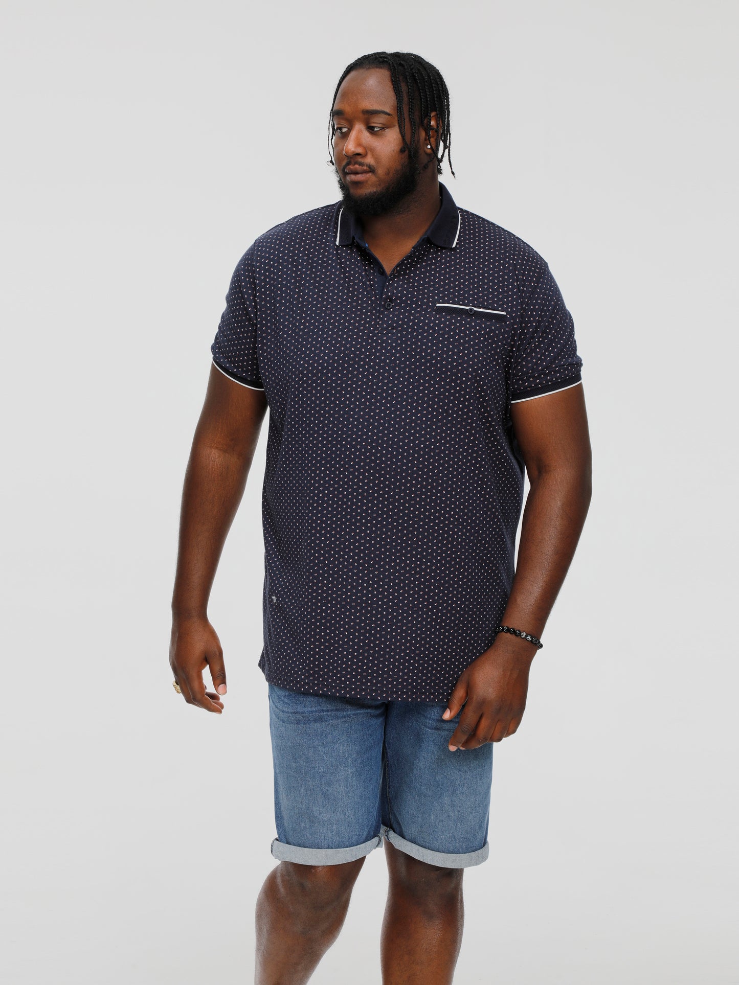 DARWIN -D555 Navy Blue Print Polo Shirt with Jacquard Collar and Ribbed Cuffs