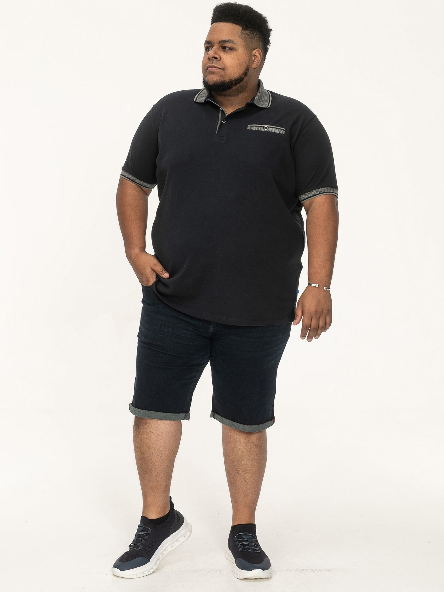ILKESTON -D555 Navy Blue Jacquard Collar Short Sleeve Pique Polo with Pocket
