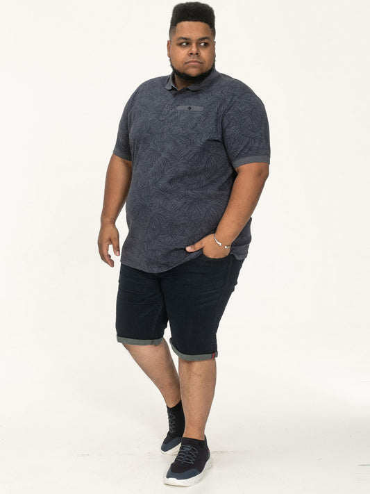 UTTOXETER -D555 Denim Blue All Over Leaf Print Short Sleeve Polo
