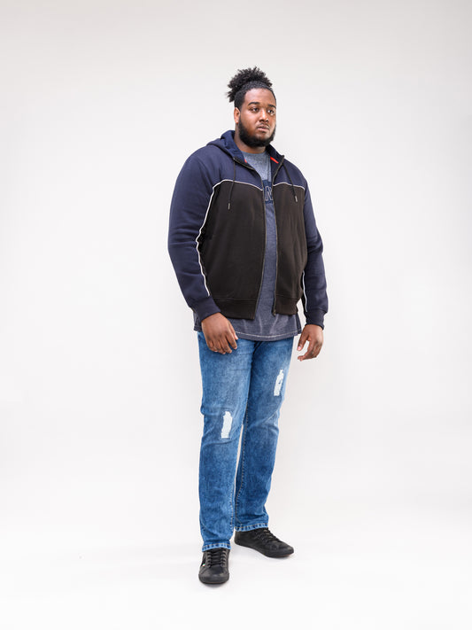 VINCENT -D555 Navy/Black Full Zip Hoody with Chest and Sleeve Piping Detail