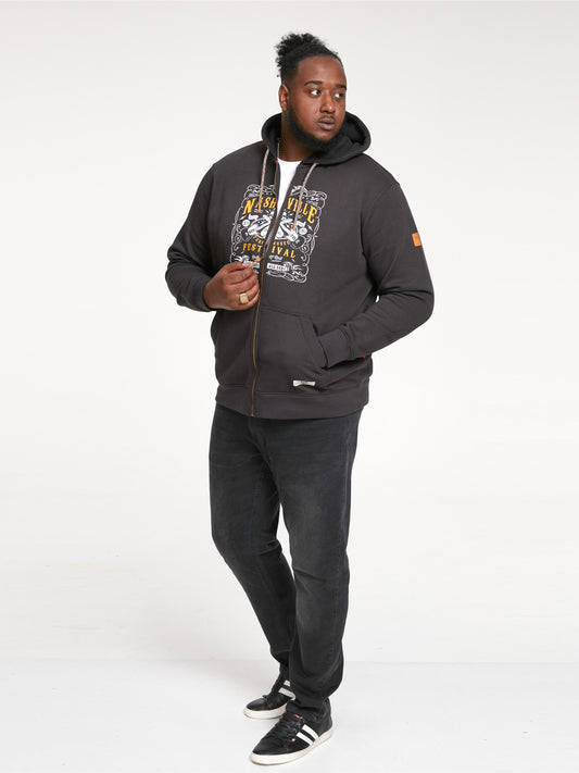KNEBWORTH -D555 Washed Black Full Zip Hoody with Chest Print