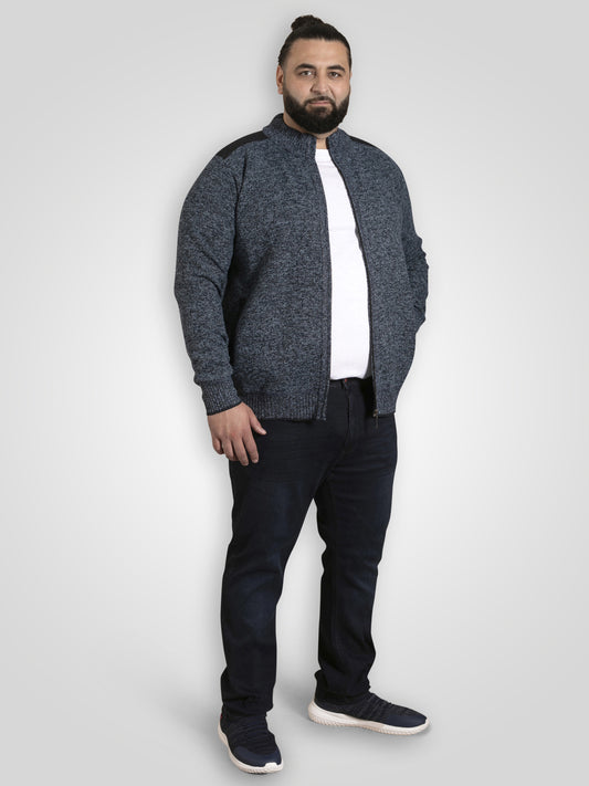 DEREHAM 1 -D555 Blue Marl Knitted Zip Through Sweater with Bonded Check Lining
