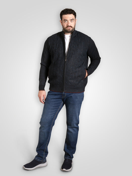 GILLINGHAM -D555 Navy Blue Marl Bonded Knitted Zip Through Cable Sweater