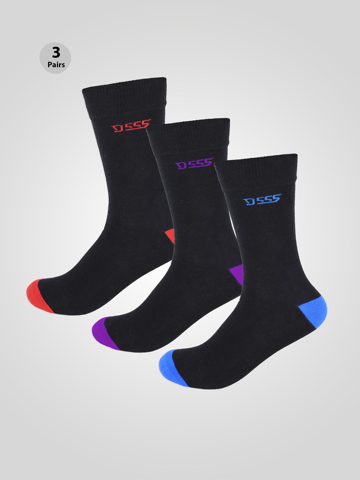 PHOENIX -D555 Black/Blue, Black/Red, Black/Purple Pack Of 3 Cotton Rich Socks