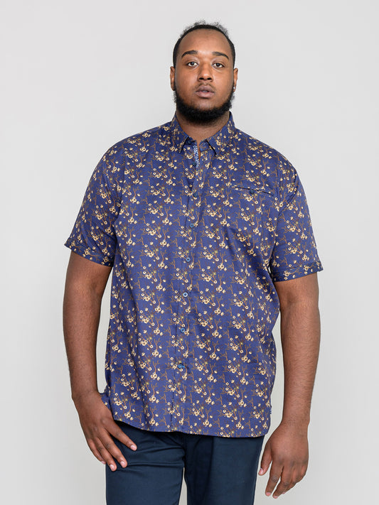 KINGSTON -D555 Navy Blue Floral All Over Print Short Sleeve Shirt with Pocket