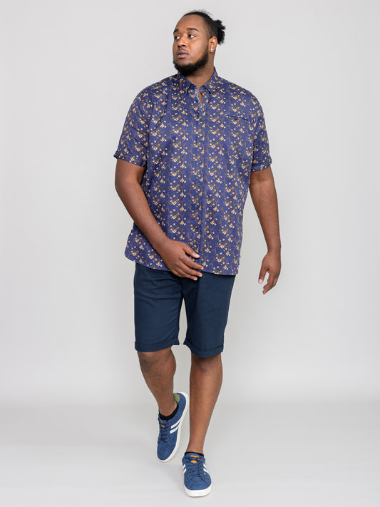 KINGSTON -D555 Navy Blue Floral All Over Print Short Sleeve Shirt with Pocket