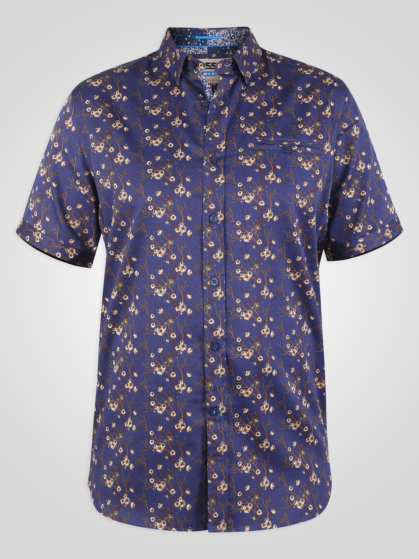 KINGSTON -D555 Navy Blue Floral All Over Print Short Sleeve Shirt with Pocket