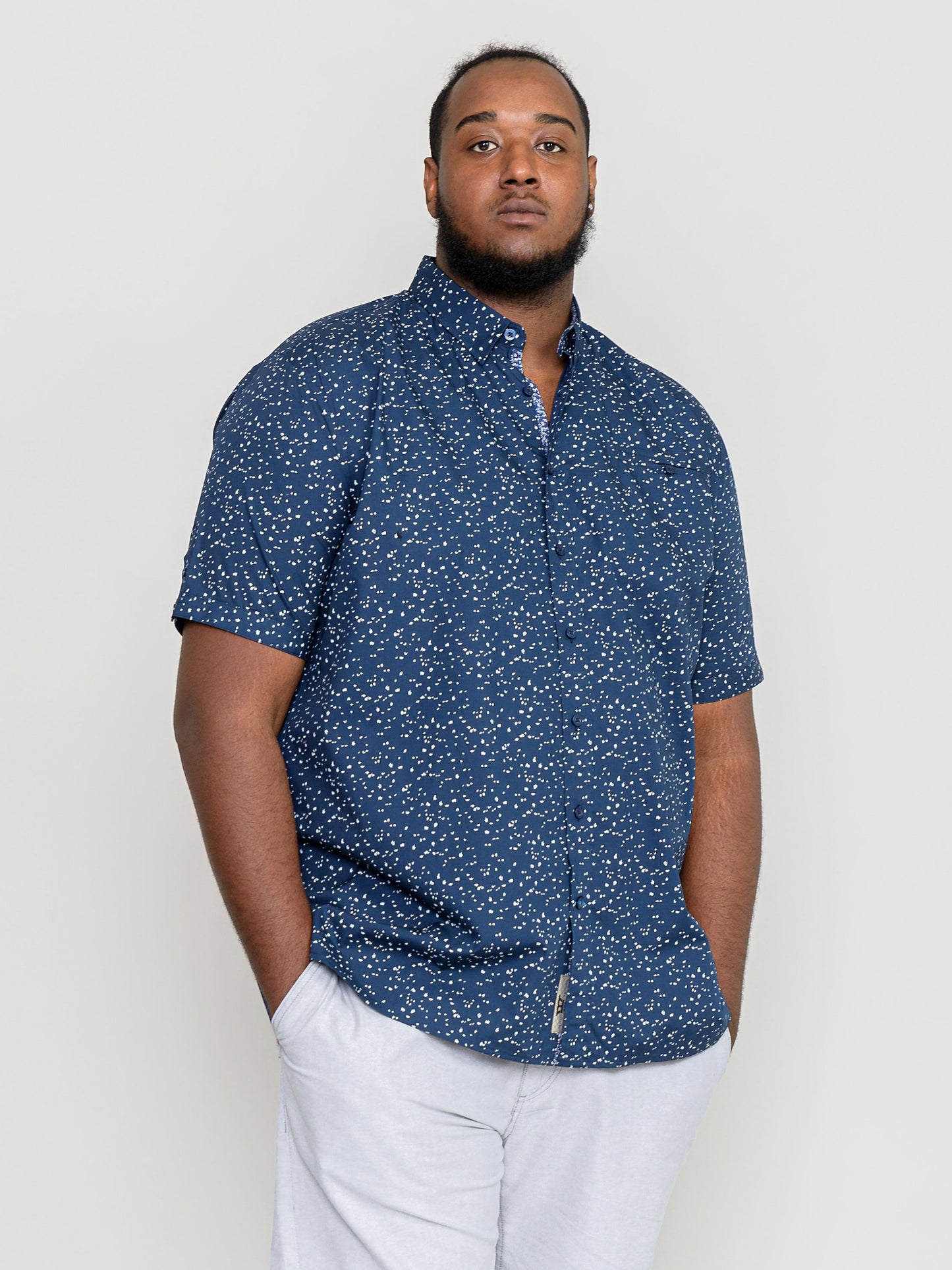 FINDON -D555 Navy Blue Mini All Over Print Short Sleeve Shirt with Pocket