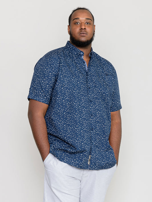 FINDON -D555 Navy Blue Mini All Over Print Short Sleeve Shirt with Pocket