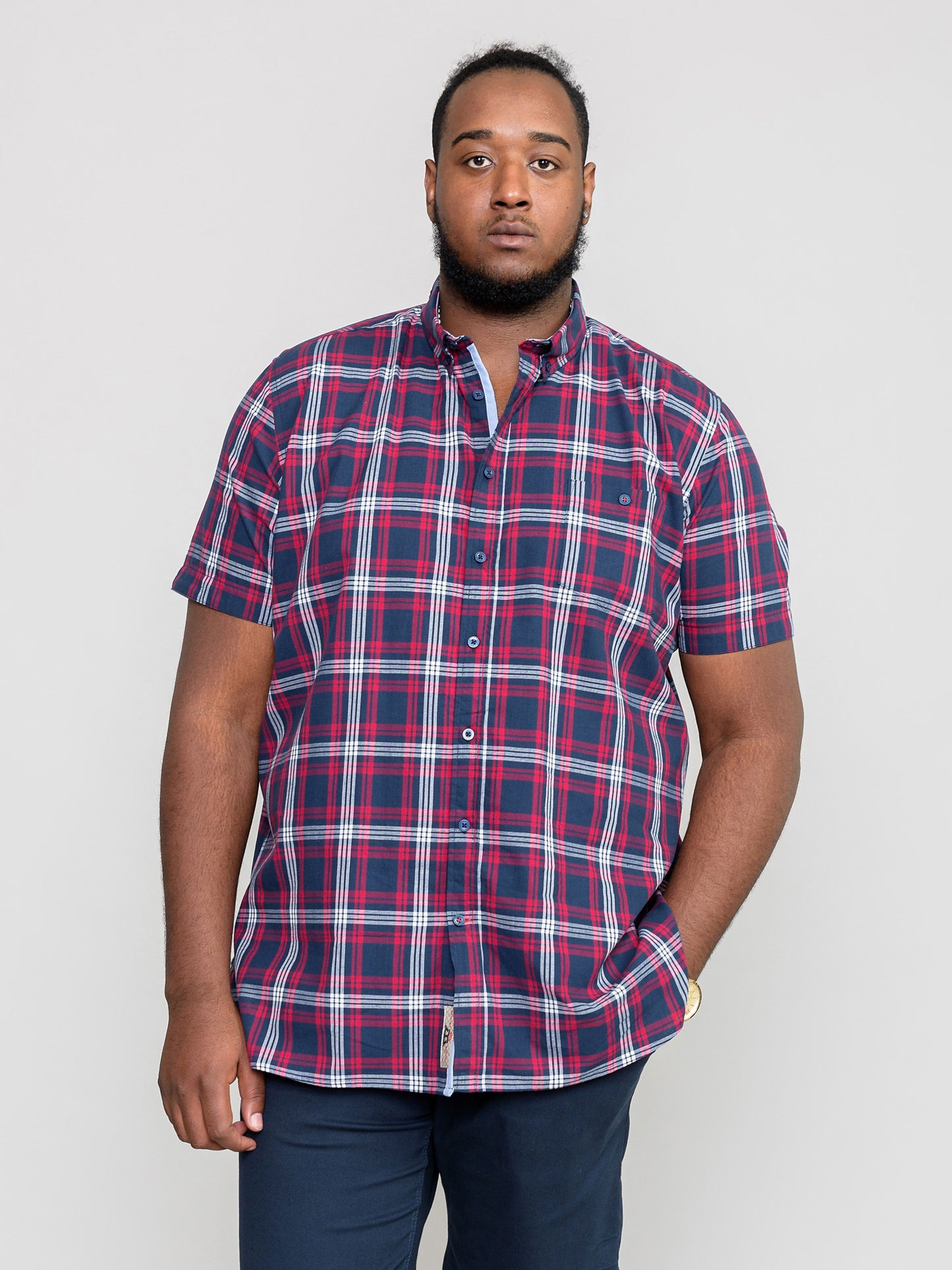 RIPLEY -D555 Navy Red Check Short Sleeve Shirt with Chest Pocket