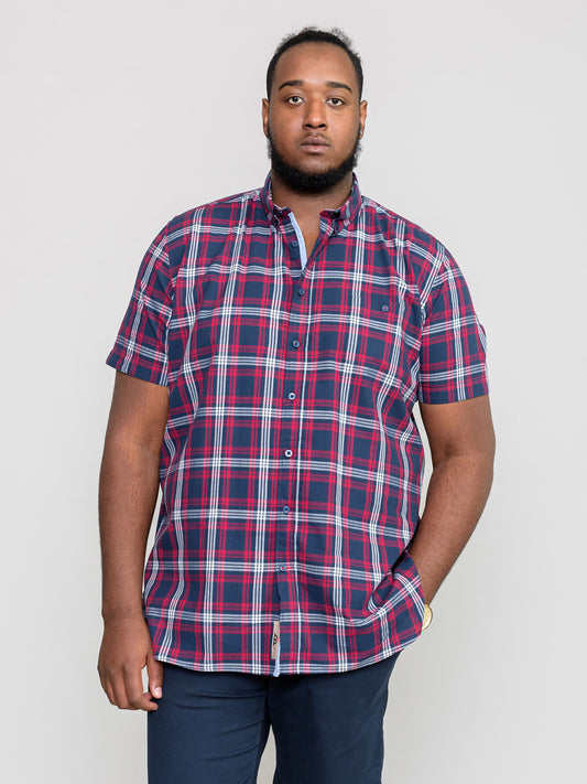 RIPLEY -D555 Navy Red Check Short Sleeve Shirt with Chest Pocket