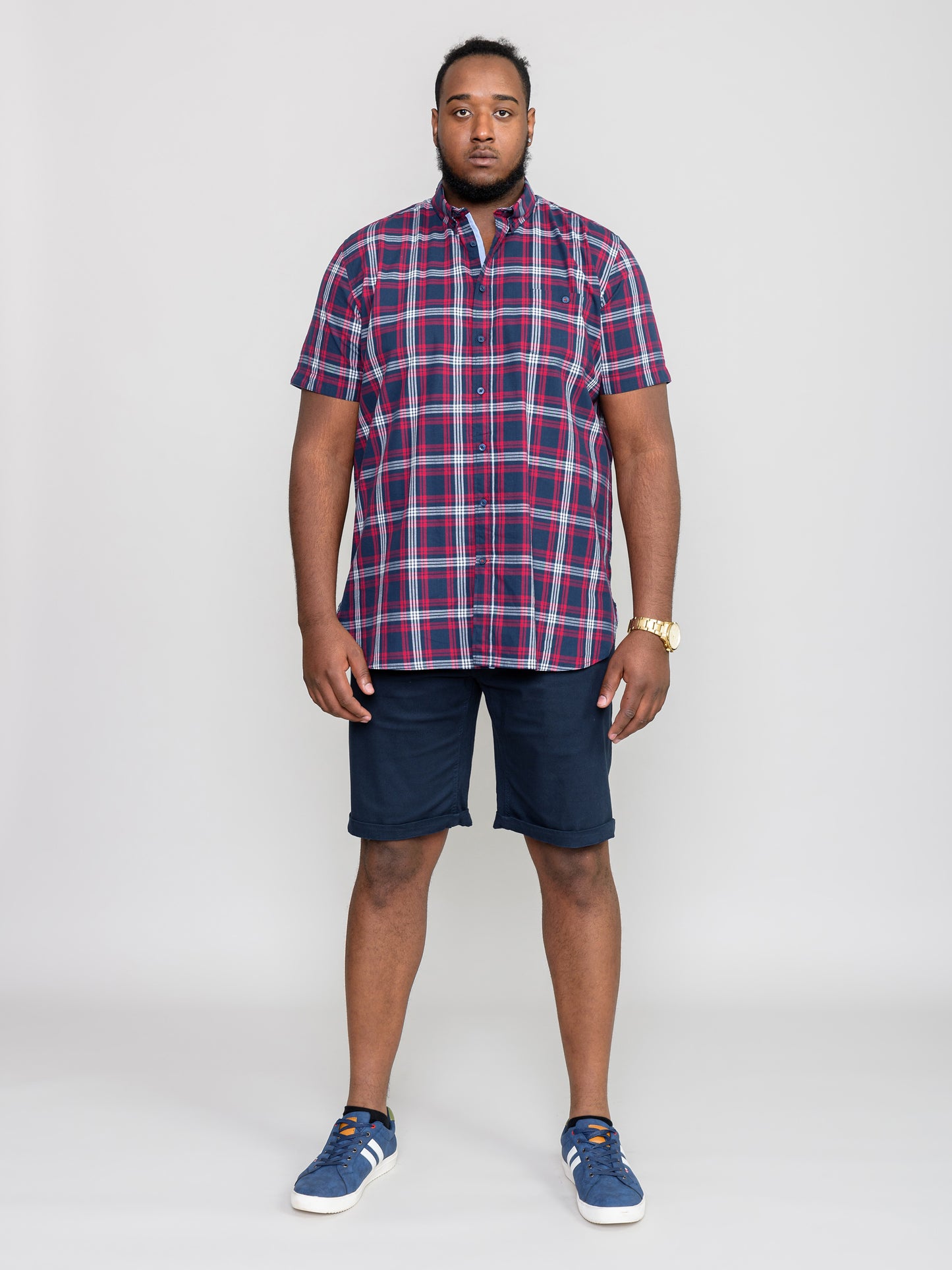 RIPLEY -D555 Navy Red Check Short Sleeve Shirt with Chest Pocket