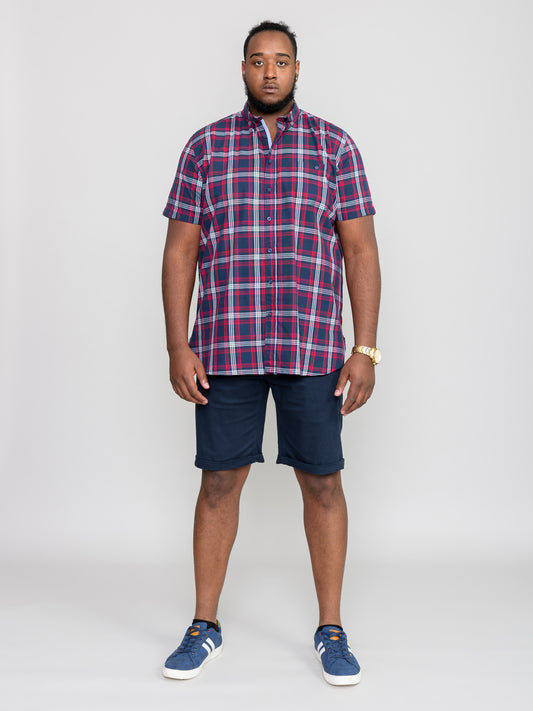 RIPLEY -D555 Navy Red Check Short Sleeve Shirt with Chest Pocket