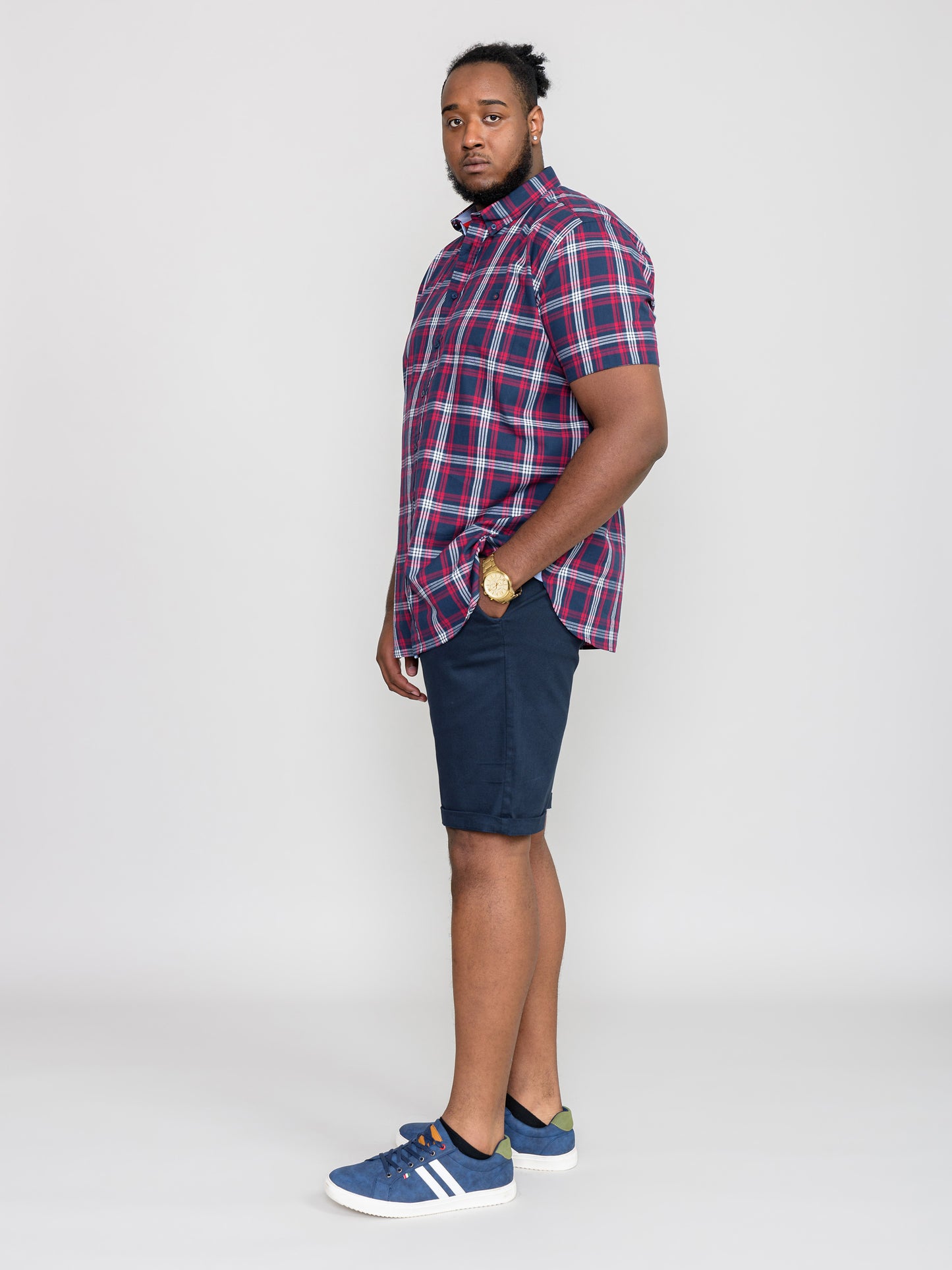 RIPLEY -D555 Navy Red Check Short Sleeve Shirt with Chest Pocket