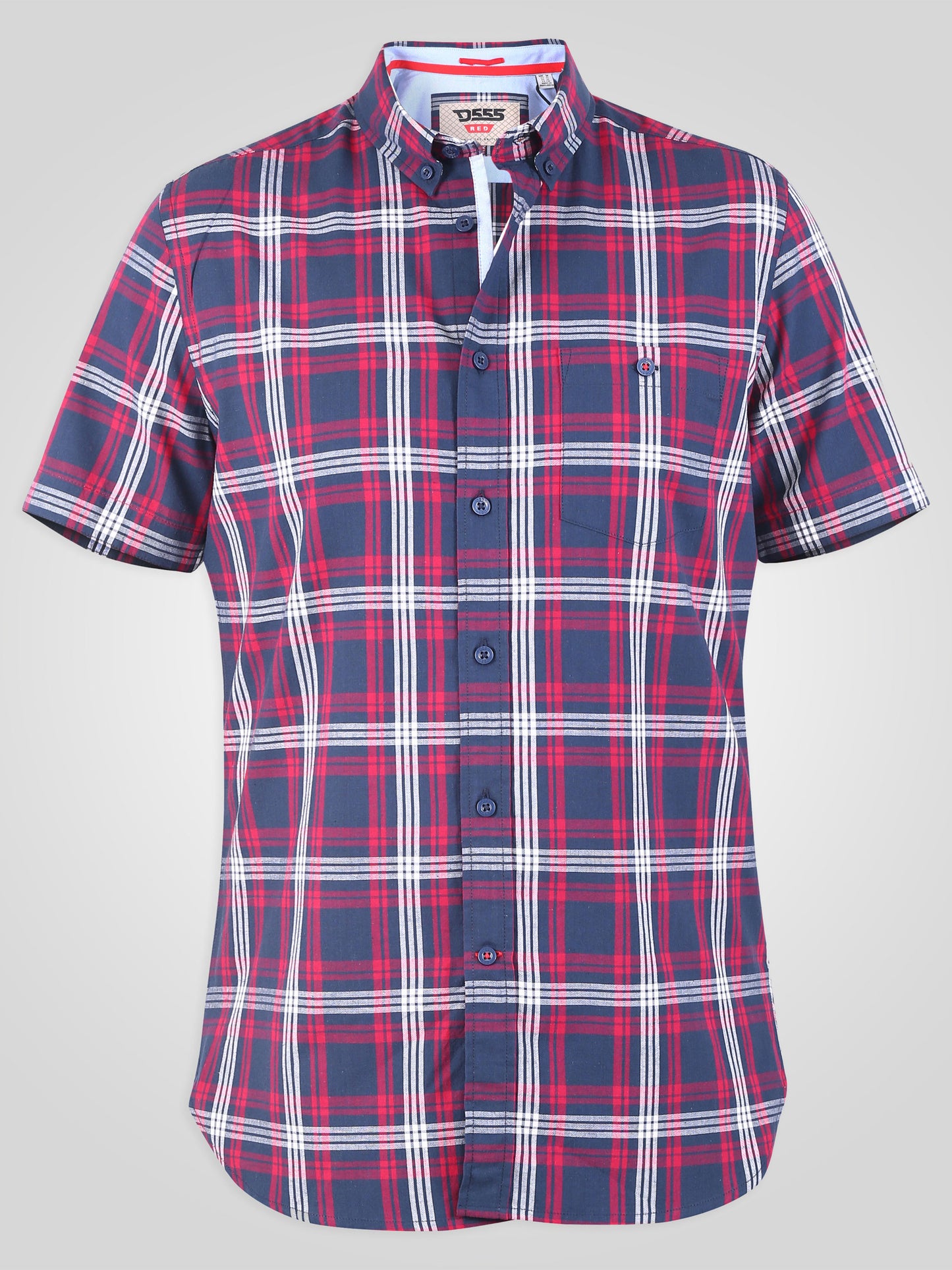 RIPLEY -D555 Navy Red Check Short Sleeve Shirt with Chest Pocket