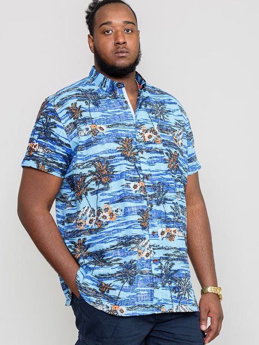 CHARFORD -D555 Blue Hawaiian Reverse Printed Short Sleeve Button Down Shirt