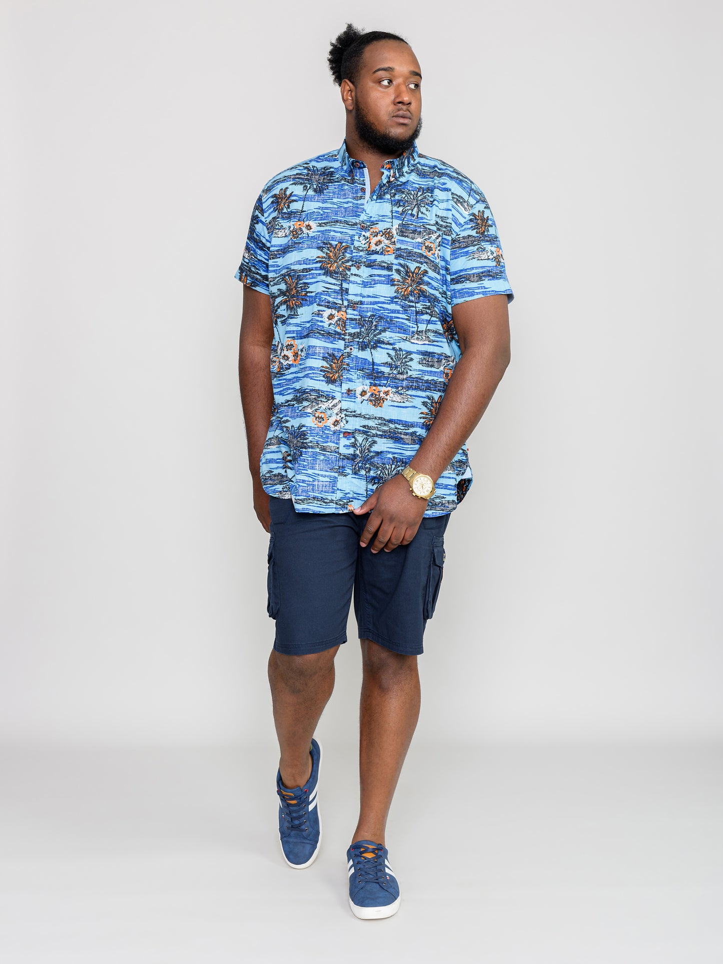 CHARFORD -D555 Blue Hawaiian Reverse Printed Short Sleeve Button Down Shirt