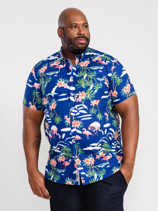 DURHAM -D555 Blue Flamingo Hawaiian Short Sleeve Button Down Collar Shirt