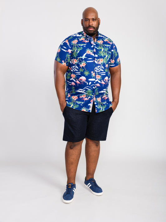 DURHAM -D555 Blue Flamingo Hawaiian Short Sleeve Button Down Collar Shirt