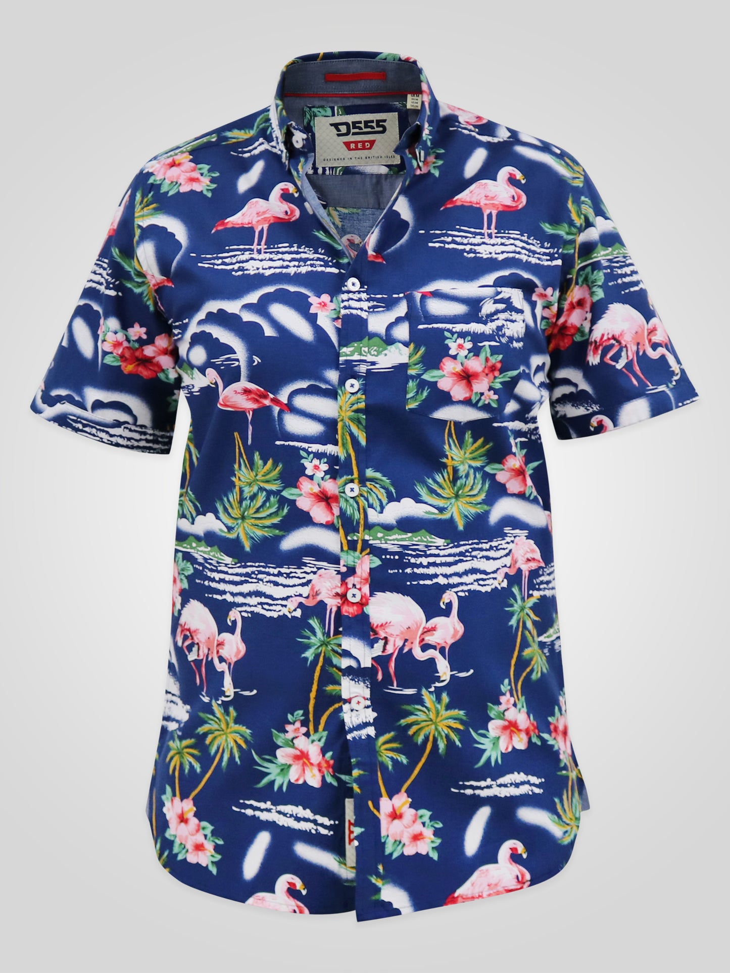 DURHAM -D555 Blue Flamingo Hawaiian Short Sleeve Button Down Collar Shirt