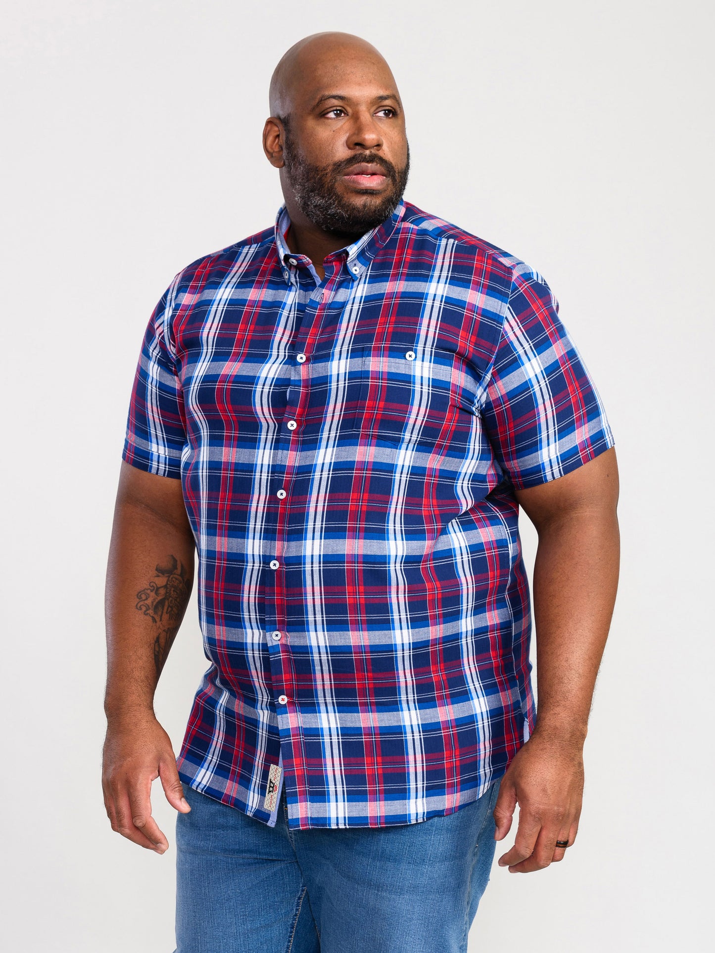 PORTLAND -D555 Blue Red Check Short Sleeve Shirt with Button Down Collar