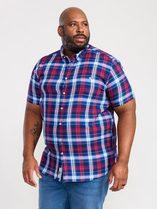 PORTLAND -D555 Blue Red Check Short Sleeve Shirt with Button Down Collar